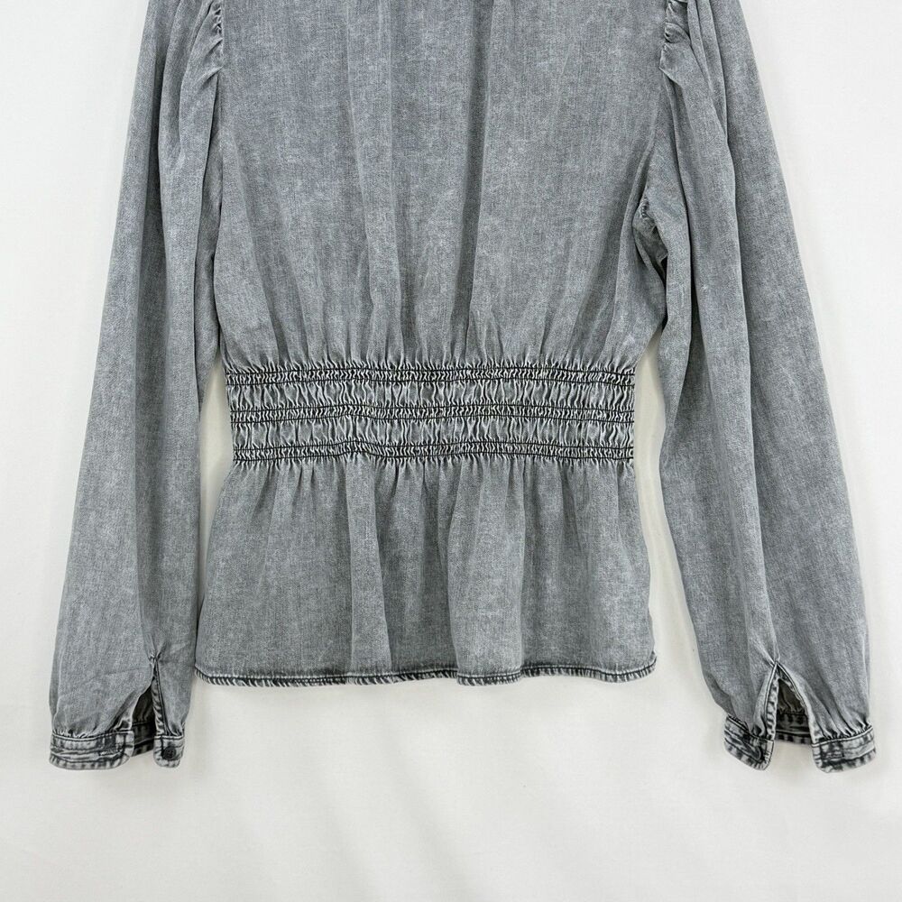 GAP Women’s Gray Denim Blouse V-Neck Smocked Waist Puff Long Sleeve Size L - Picture 6 of 16